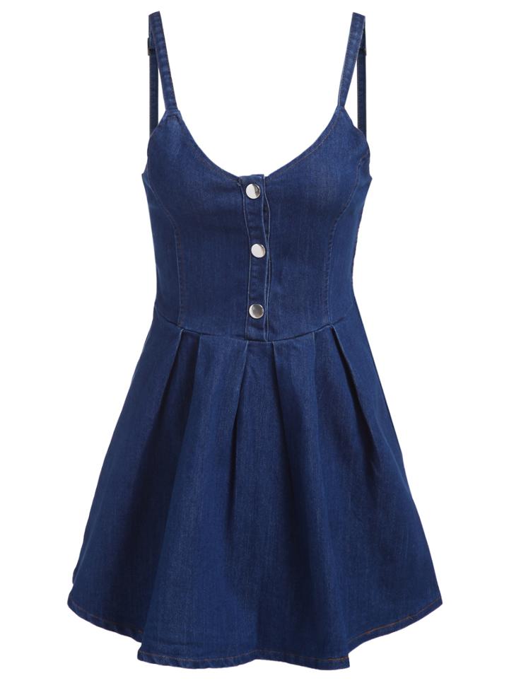 Romwe Spaghetti Strap With Buttons Denim Navy Flare Dress