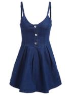 Romwe Spaghetti Strap With Buttons Denim Navy Flare Dress
