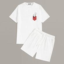 Romwe Guys Panda Print Top & Drawstring Shorts Pj Set