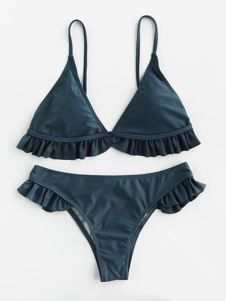 Romwe Ruffle Trim Triangle Bikini Set