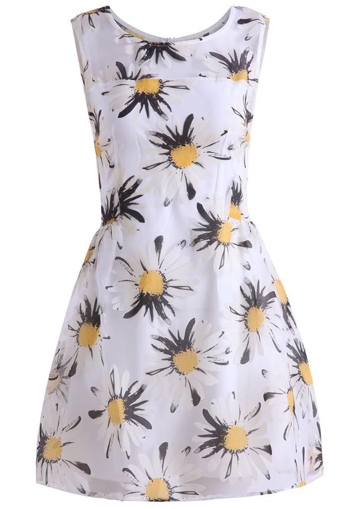 Romwe Flower Print Flare White Dress