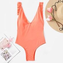 Romwe Frill Trim Plunge Backless One Piece Swimwear