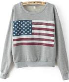 Romwe American Flag Print Crop Light Grey Sweatshirt