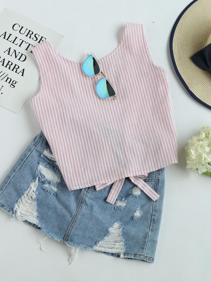 Romwe Vertical Striped Open Back Self Tie Tank Top