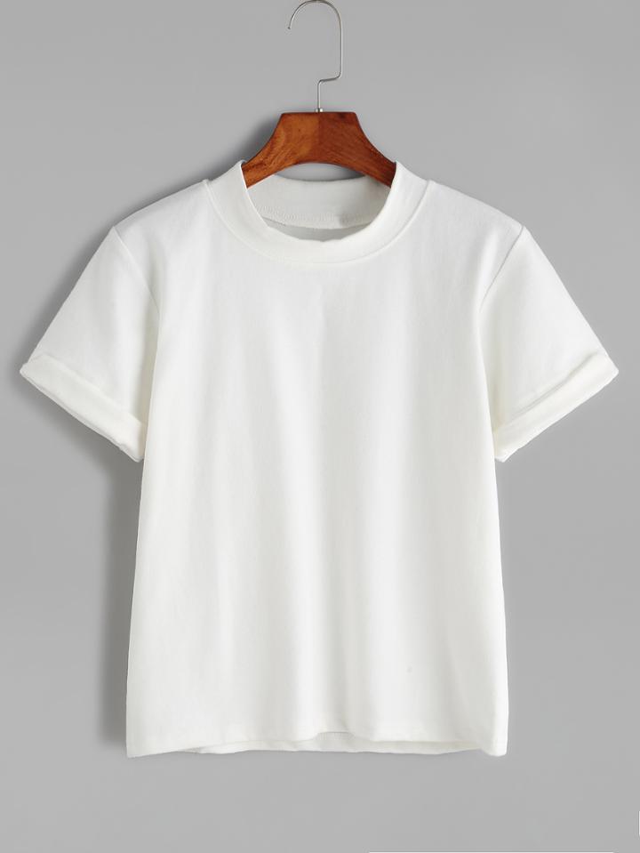 Romwe White Rolled Sleeve Casual T-shirt