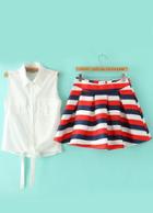 Romwe Lapel With Pockets White Top With Striped Flare Skirt