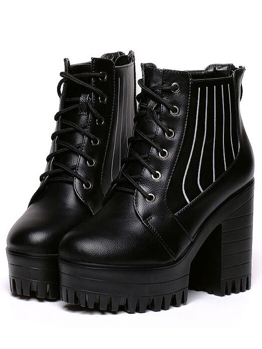 Romwe Black Round Toe Lace Up High Heeled Boots
