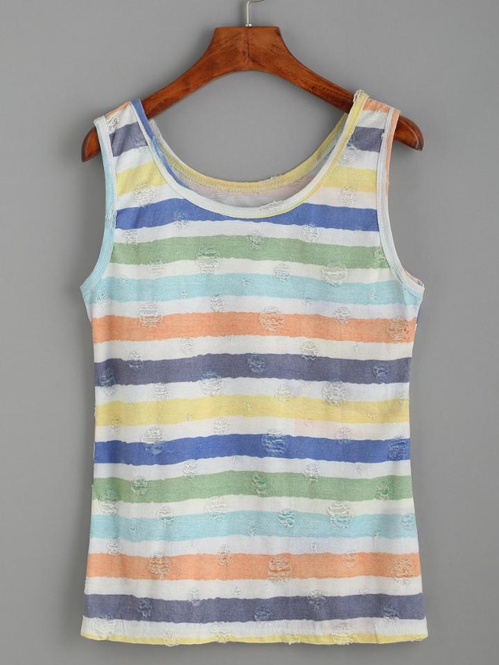 Romwe Ripped Multi Stripe Tank Top