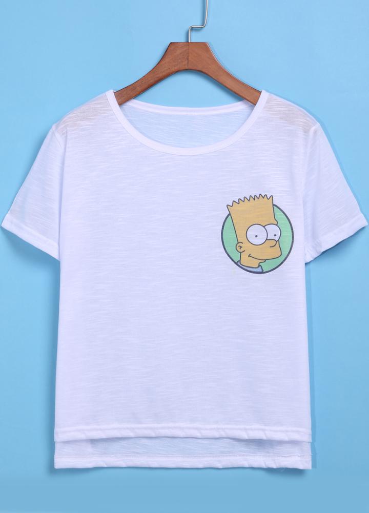 Romwe White Short Sleeve Simpson Print Dip Hem T-shirt