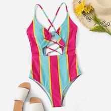 Romwe Striped Cut-out Criss Cross One Piece Swim