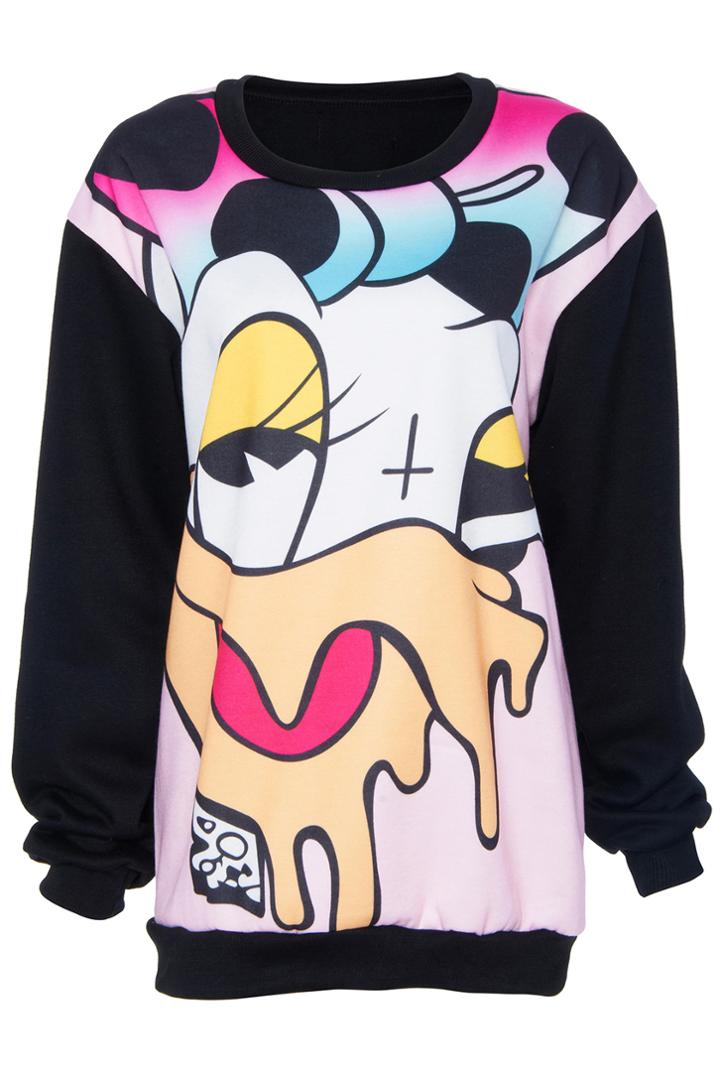 Romwe Melting Donald Duck Printed Black Sweatshirt