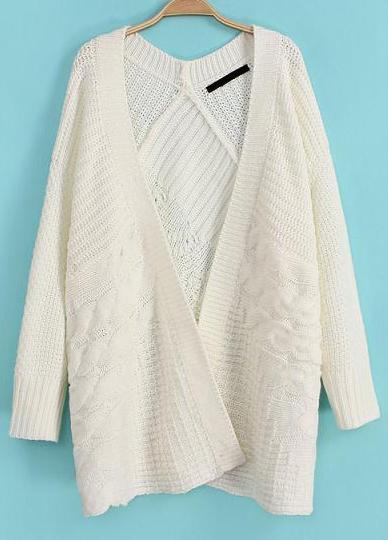 Romwe Cable Knit Loose White Cardigan