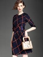 Romwe Navy Round Neck Half Sleeve Tie-waist Dress