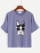 Romwe Cutout Shoulder Dog Print Blue Striped T-shirt