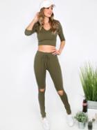 Romwe Army Green Long Sleeve Hooded T-shirt With Cutout Pants