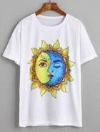 Romwe White Sun And Moon Graphic Print T-shirt