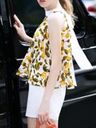 Romwe White Lemons Print Bowtie Top With Shorts