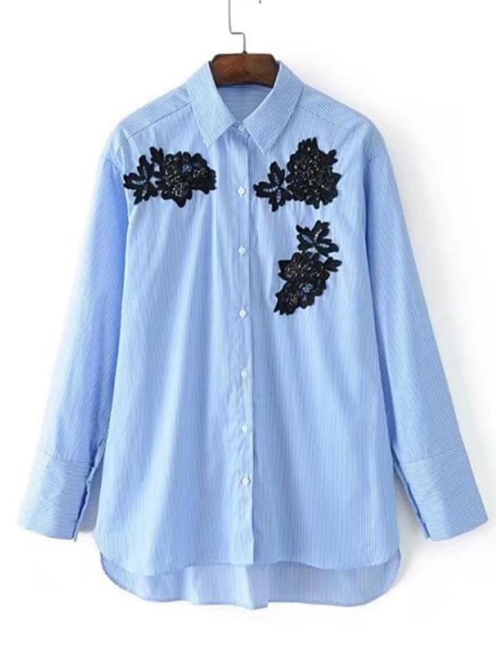 Romwe Flower Applique High Low Striped Blouse