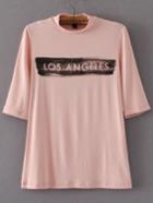 Romwe Pink Letter Print Band Collar T-shirt