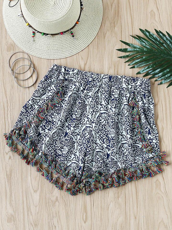 Romwe Porcelain Print Random Tassel Trim Shorts