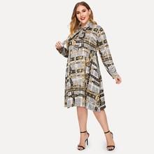 Romwe Plus Tie Neck Chain Print Dress