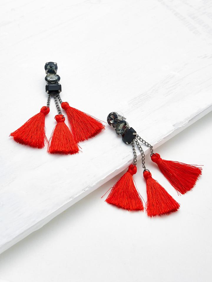 Romwe Tassel Drop Rhinestone Detail Earrings