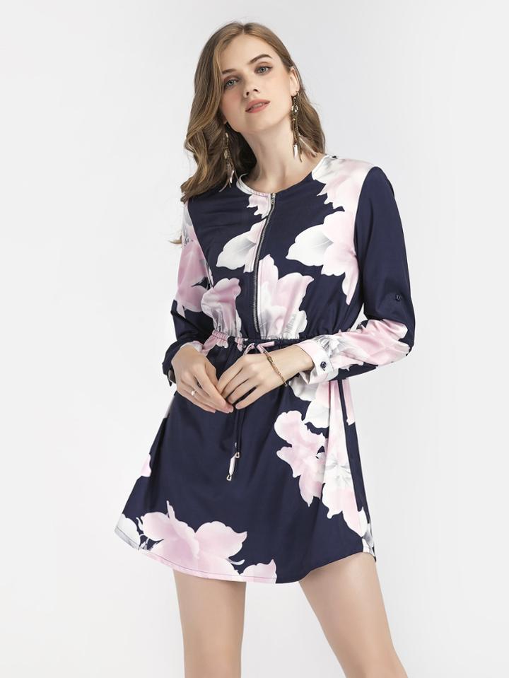 Romwe Zipper Front Flower Print Drawstring Waist Dress