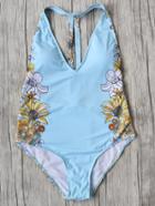 Romwe Blue Floral Print Plunge Neck One-piece Swimwear