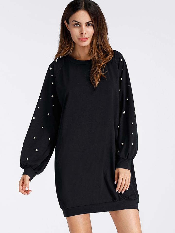 Romwe Pearl Beading Raglan Sweatshirt Dress