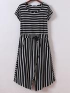 Romwe Black Short Sleeve Tie-waist Pockets Stripe Dress