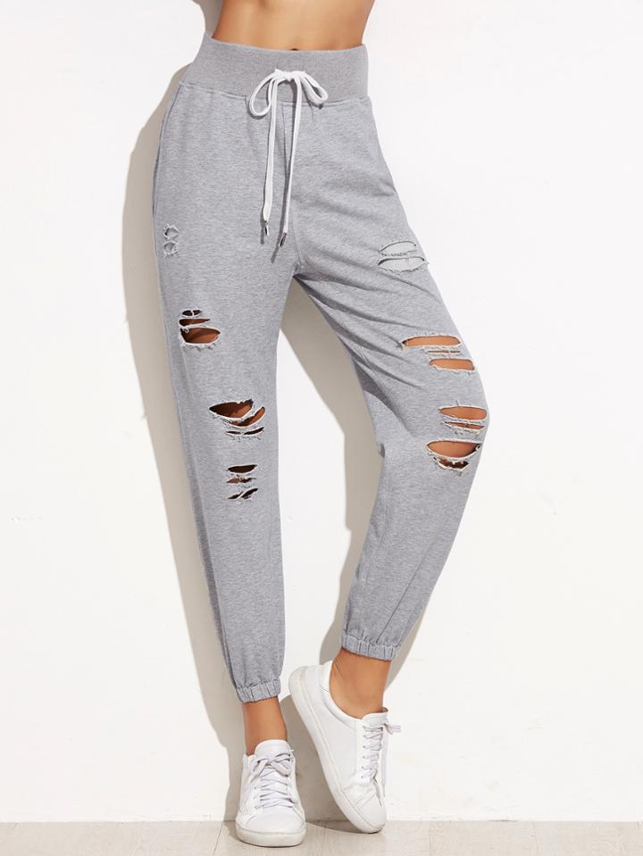 Romwe Heather Grey Ripped Elastic Hem Drawstring Pants