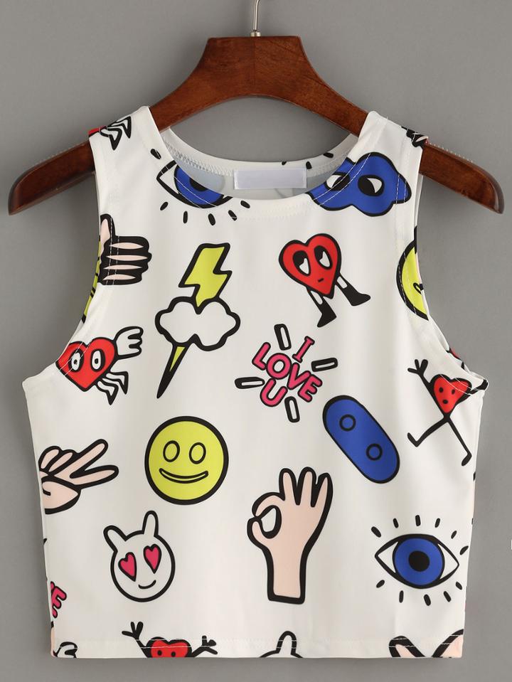 Romwe White Cartoon Print Sleeveless Top