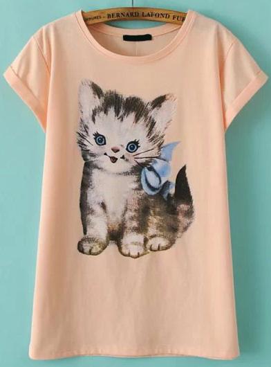 Romwe Cat Print Apricot T-shirt