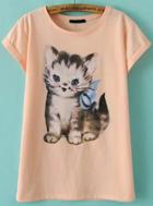 Romwe Cat Print Apricot T-shirt