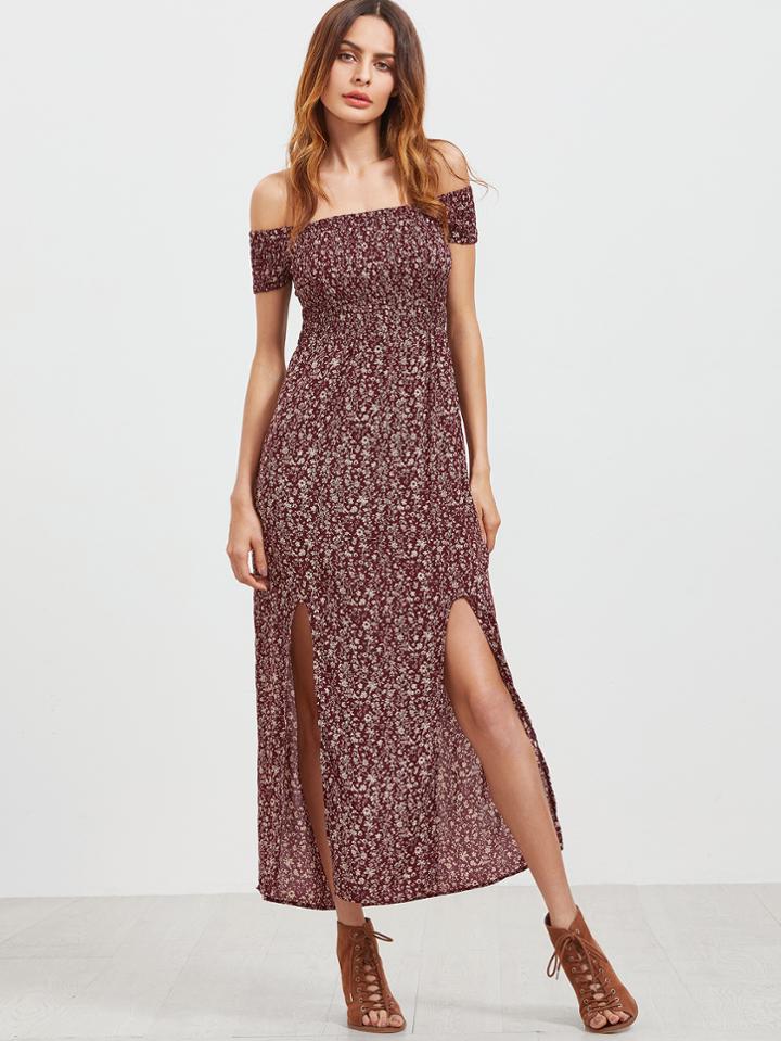 Romwe Shirred Off The Shoulder Slit Front Floral Dress