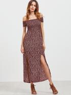 Romwe Shirred Off The Shoulder Slit Front Floral Dress