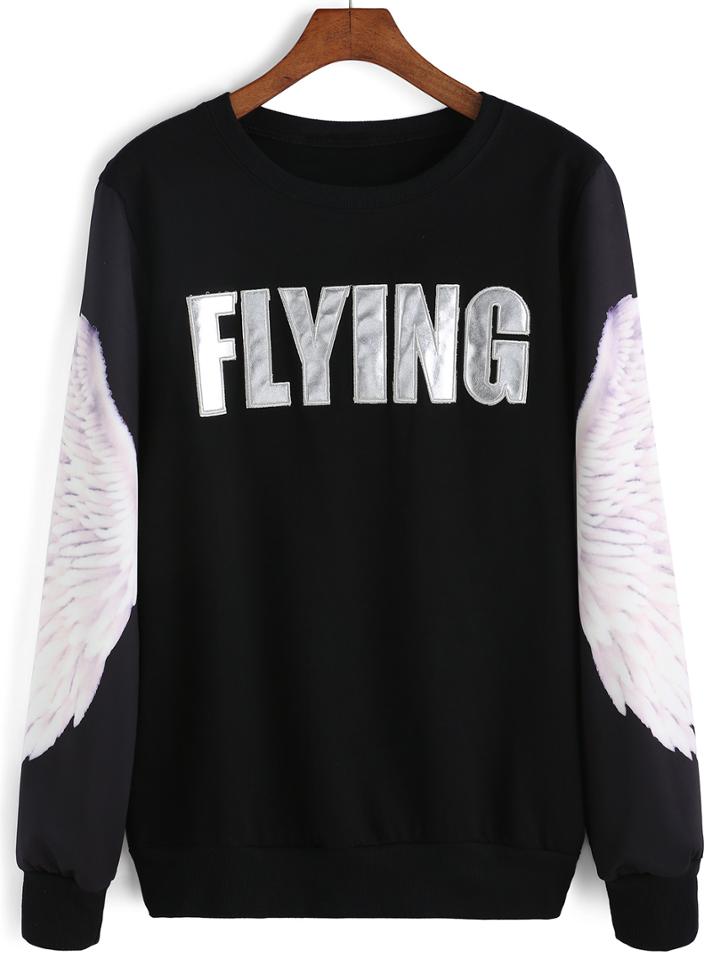Romwe Round Neck Wing Print Sweatshirt