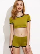 Romwe Green Contrast Trim Crop T-shirt With Shorts