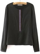 Romwe Crew Neck Embroidered Black Blouse