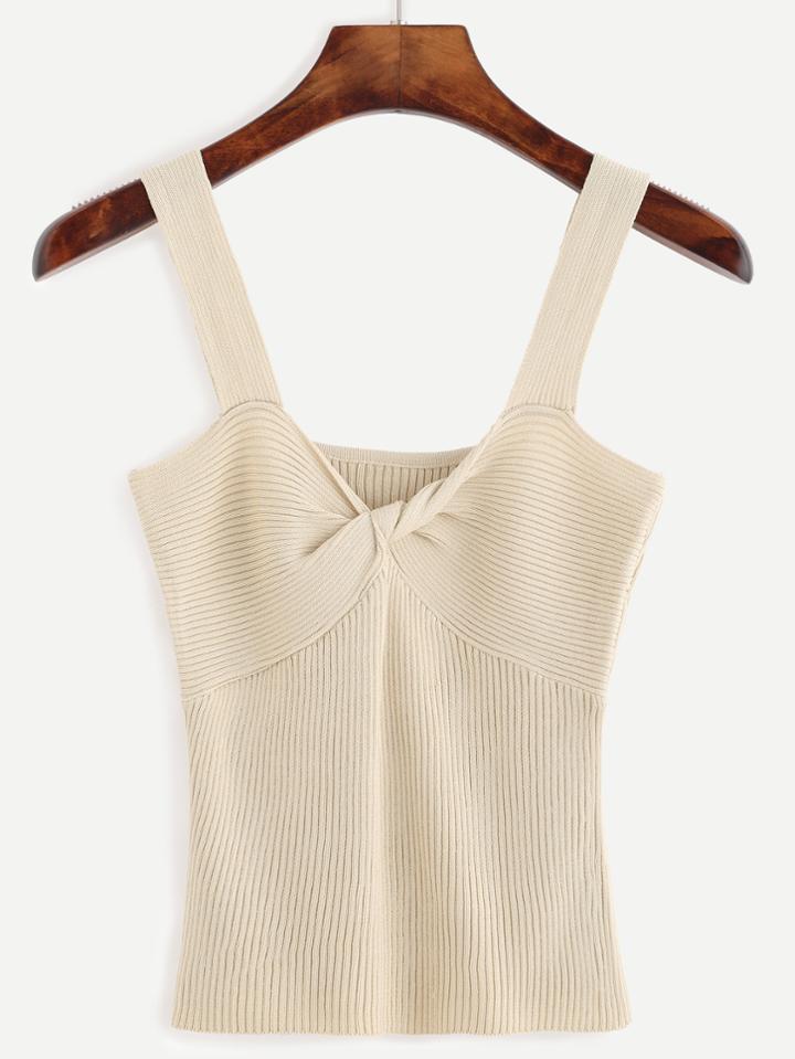 Romwe Beige Twist Front Ribbed Knit Tank Top