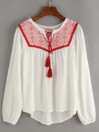 Romwe Embroidery Tassel-tie Neck Peasant Blouse - White