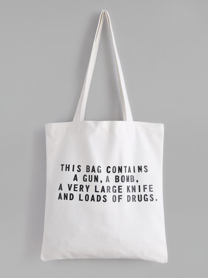 Romwe White Slogan Print Layered Canvas Tote Bag