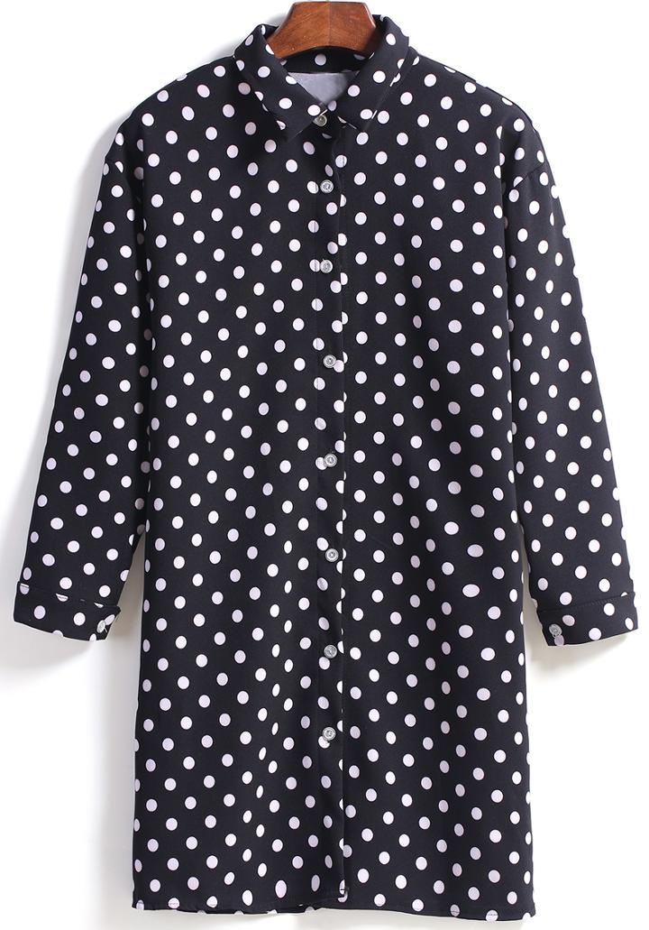 Romwe Polka Dot Lapel Long Sleeve Black Blouse