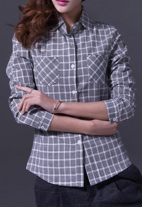 Romwe Plaid Pockets Lapel Black Blouse