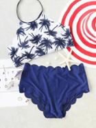 Romwe Blue Coconut Tree Print Scalloped Trim Bikini Set