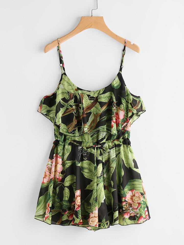 Romwe Floral Printed Random Layered Drawstring Waist Cami Romper