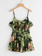 Romwe Floral Printed Random Layered Drawstring Waist Cami Romper