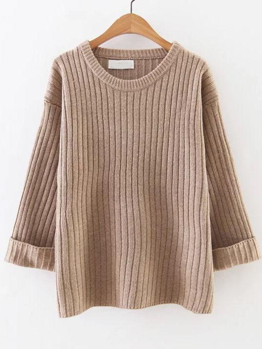 Romwe Khaki Ribbed Rolled Cuff Sweater