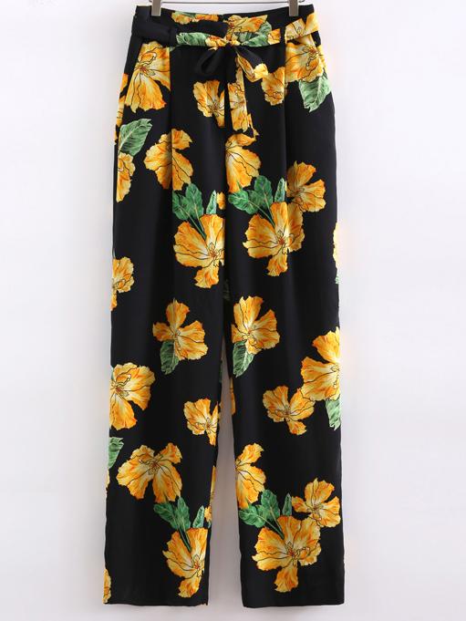 Romwe Multicolor Tie-waist Bow Zipper Front Flowers Print Pants