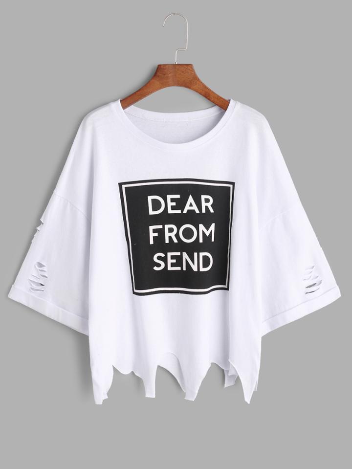 Romwe White Slogan Print Ripped Cuffed Asymmetric T-shirt